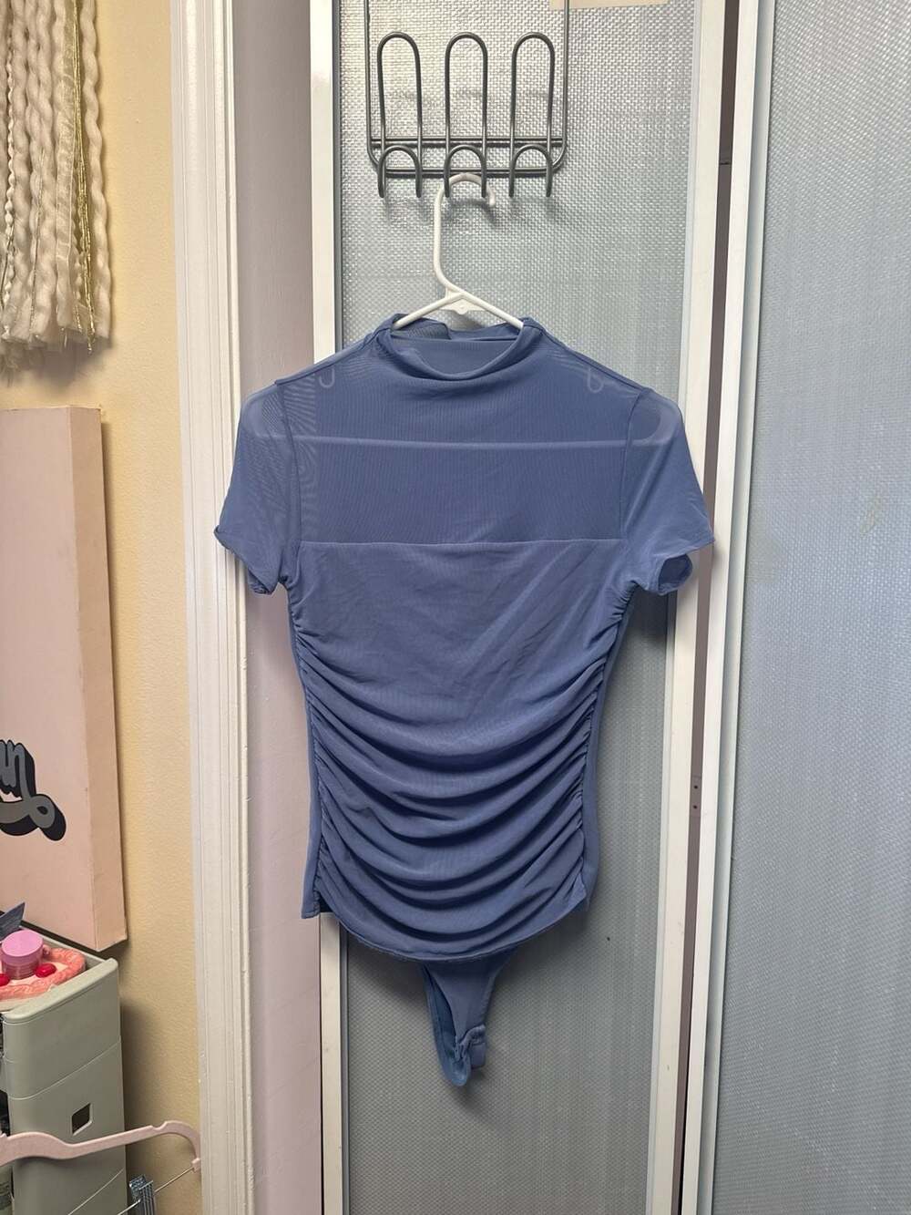 REORIA Mock Neck Short Sleeve Sheer Mesh Ruched Bodysuit, Size M